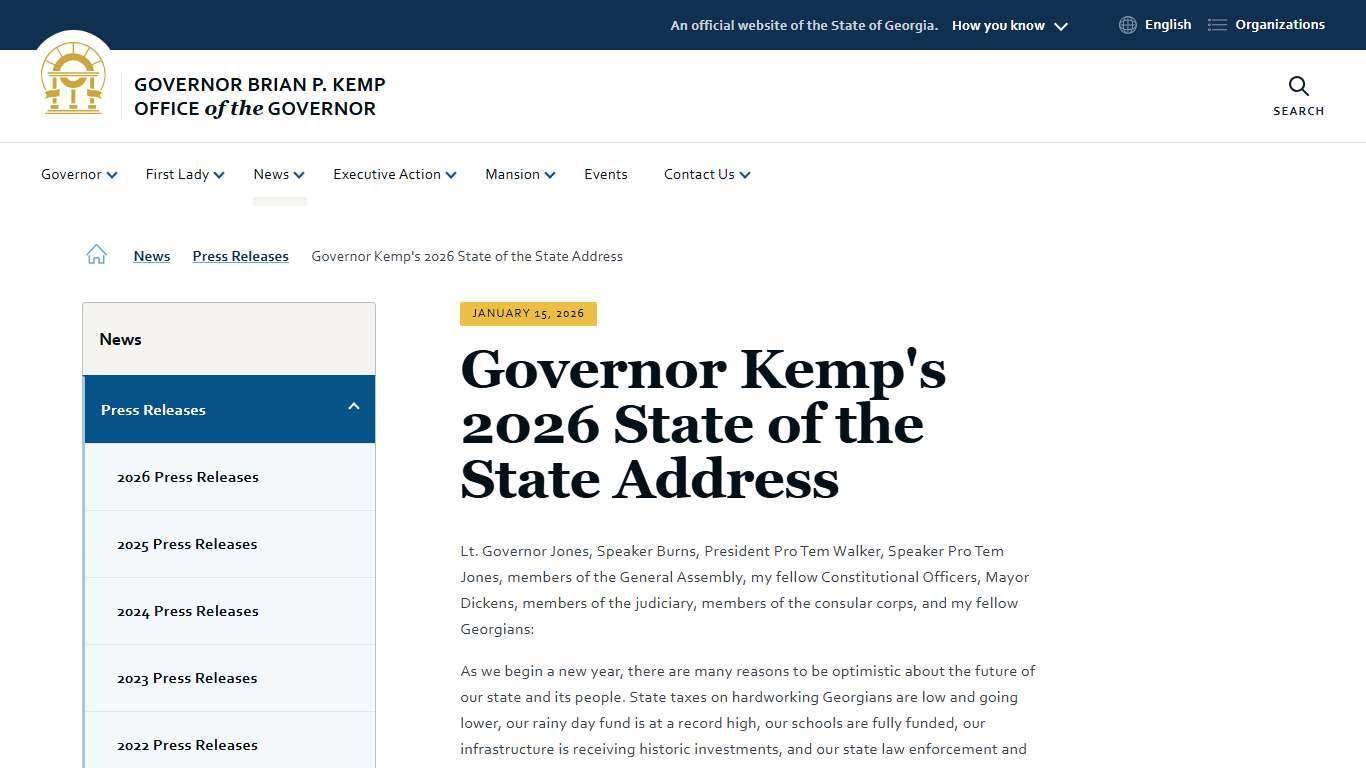 Governor Kemp's 2026 State of the State Address | Governor Brian P. Kemp Office of the Governor