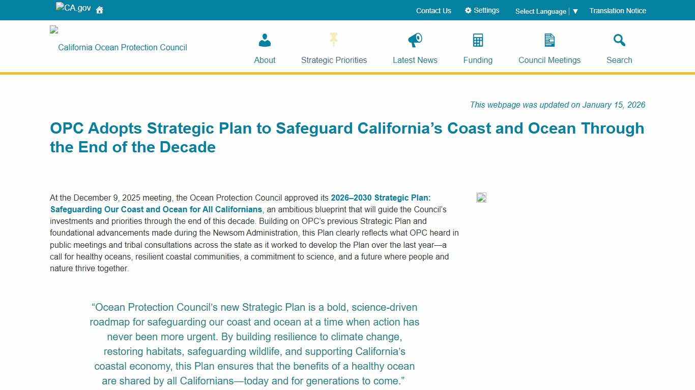OPC Adopts Strategic Plan to Safeguard California’s Coast and Ocean Through the End of the Decade   - California Ocean Protection Council