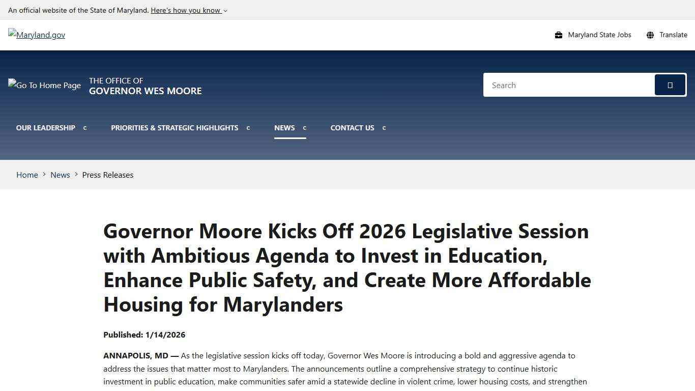 Governor Moore Kicks Off 2026 Legislative Session with Ambitious Agenda to Invest in Education, Enhance Public Safety, and Create More Affordable Housing for Marylanders - Press Releases - News - Office of Governor Wes Moore
