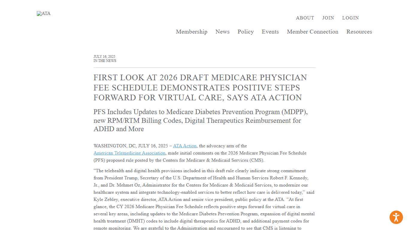FIRST LOOK AT 2026 DRAFT MEDICARE PHYSICIAN FEE SCHEDULE DEMONSTRATES POSITIVE STEPS FORWARD FOR VIRTUAL CARE, SAYS ATA ACTION - ATA