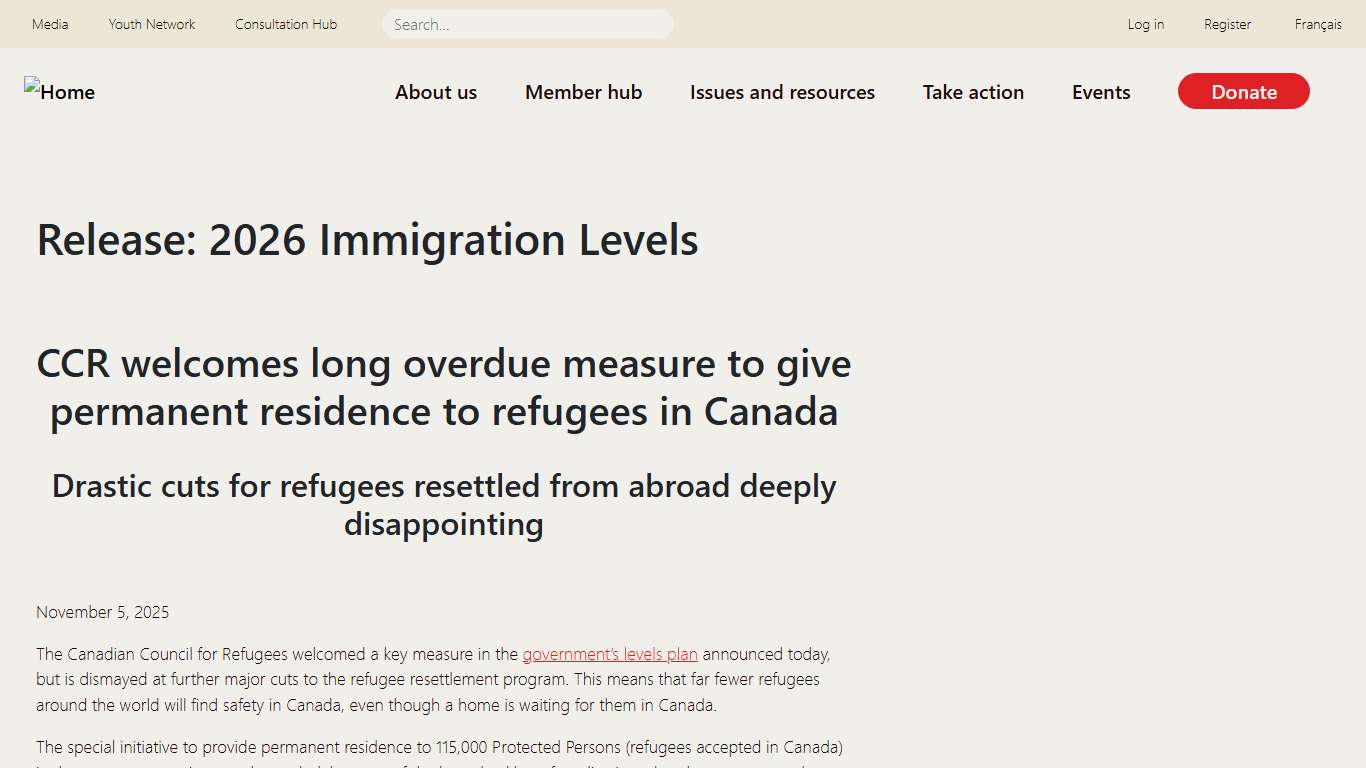 Release: 2026 Immigration Levels | Canadian Council for Refugees